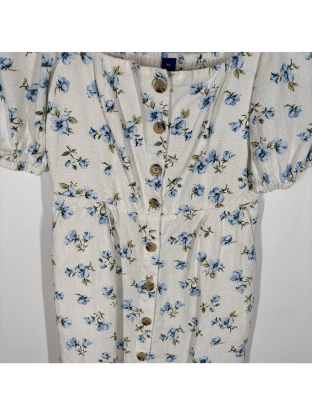 Old Navy Women XS Ivory Floral Boho Puff Sleeve Linen Blend Mini Dress NWT - Picture 4 of 12